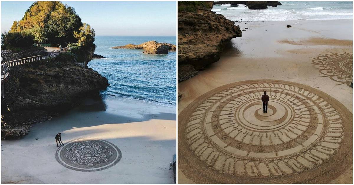 This Sand Artist Creates Gigantic Mandalas On The Beach Sand In Freehand