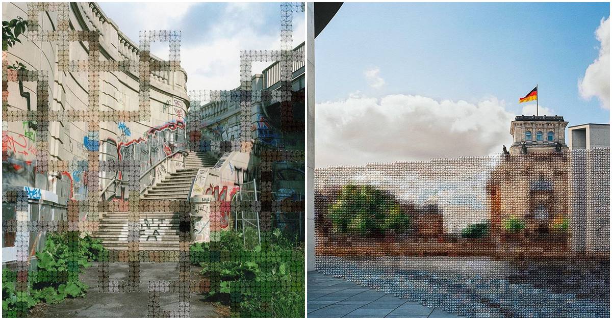 Artist Provides A Pixilated View of The Berlin Wall Via Hand-Embroidery On Photographs To Let Viewers Peek On The Other Side