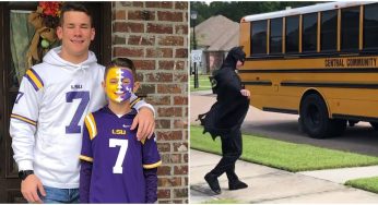 Brother Greets Younger Sibling At The Bus Stop In A New Costume Every Day And People Are Just Loving It