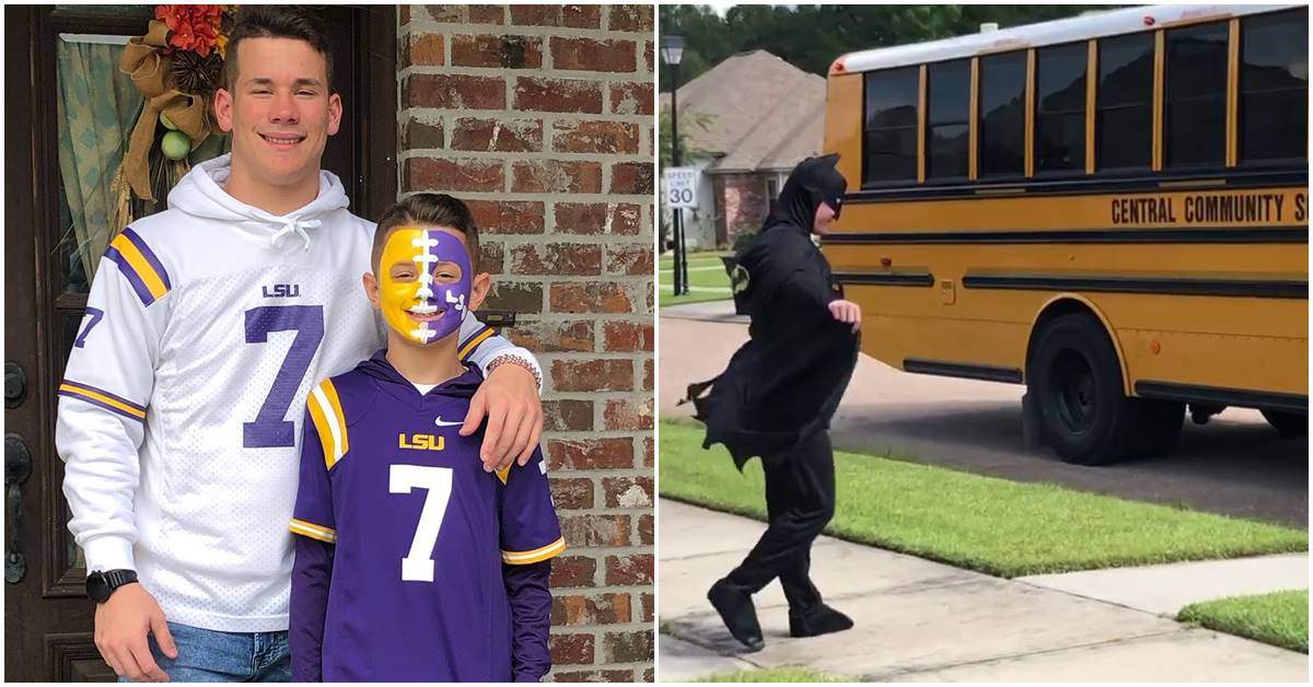 Brother Greets Younger Sibling At The Bus Stop In A New Costume Every Day And People Are Just Loving It