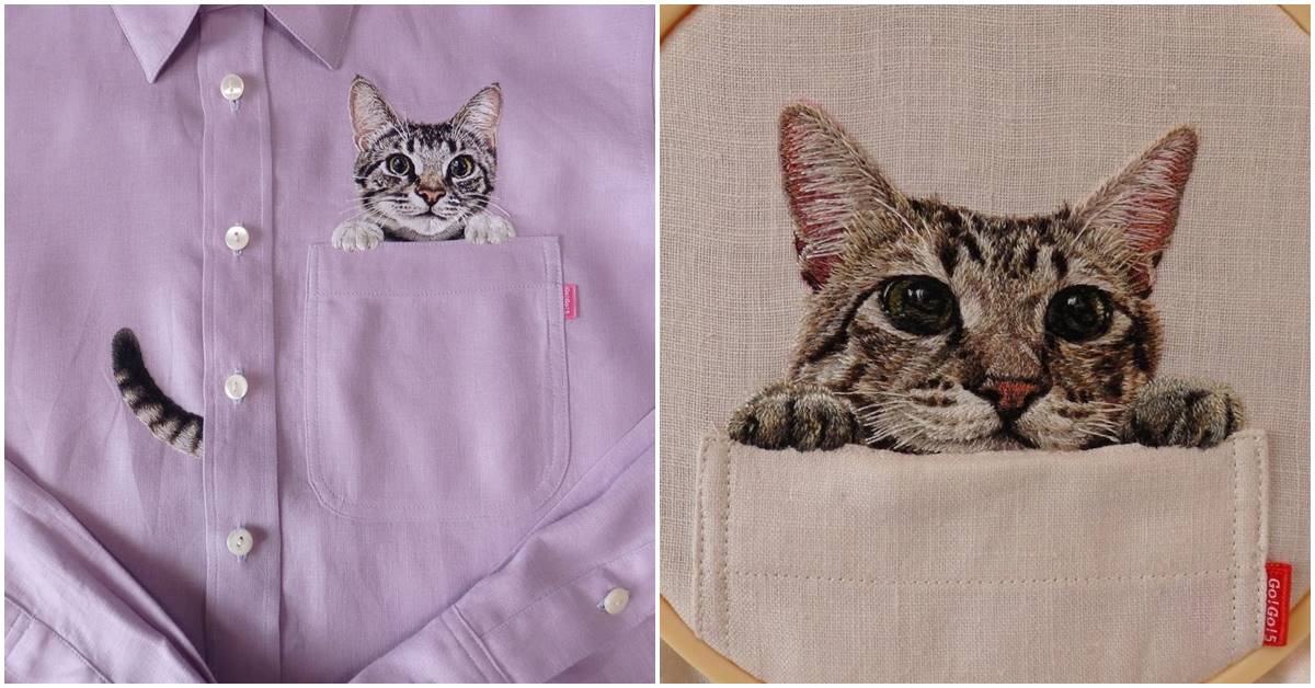 These Embroidered Portraits Of Cats Trying To Escape From A Pocket Are Hilariously Real